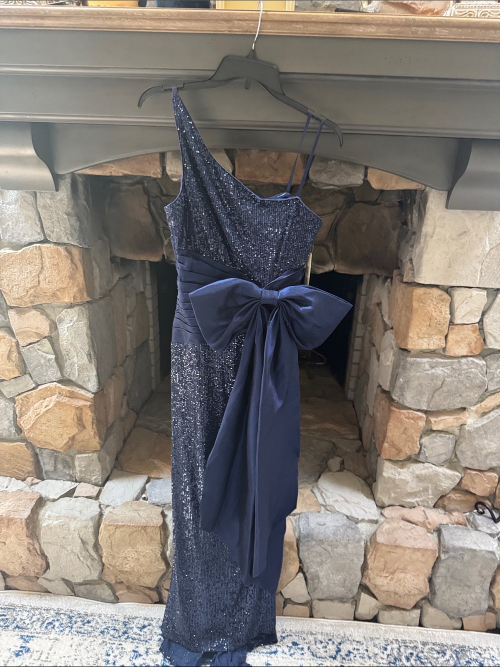 Eliza J Navy One-Shoulder Sequin Gown with Bow
